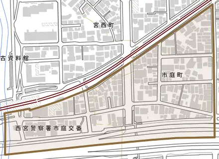 市庭町とその周辺の地図。町の範囲を重ねている