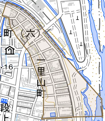 一里山町とその周辺の地図。町の範囲を重ねている