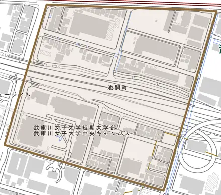池開町とその周辺の地図。町の範囲を重ねている