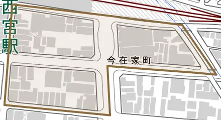 今在家町とその周辺の地図。町の範囲を重ねている