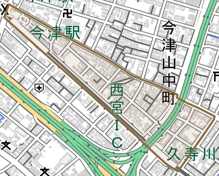 今津曙町とその周辺の地図。町の範囲を重ねている