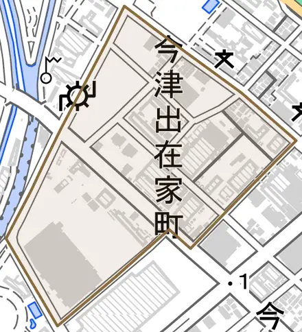 今津出在家町とその周辺の地図。町の範囲を重ねている