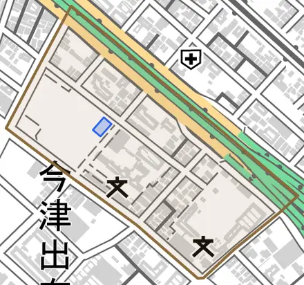 今津二葉町とその周辺の地図。町の範囲を重ねている