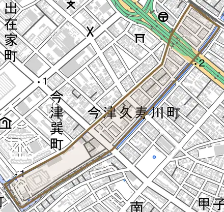 今津久寿川町とその周辺の地図。町の範囲を重ねている