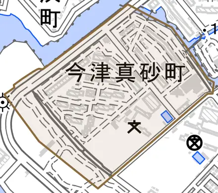 今津真砂町とその周辺の地図。町の範囲を重ねている