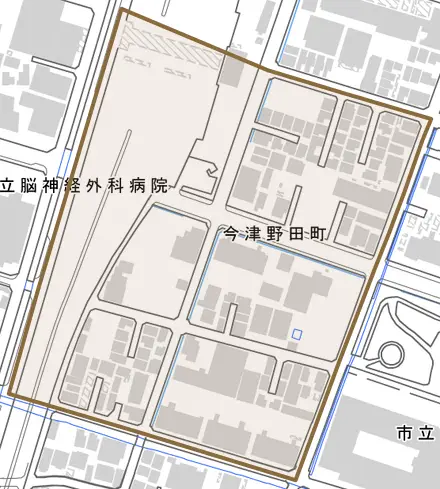 今津野田町とその周辺の地図。町の範囲を重ねている