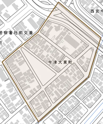 今津大東町とその周辺の地図。町の範囲を重ねている