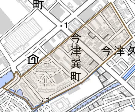 今津巽町とその周辺の地図。町の範囲を重ねている
