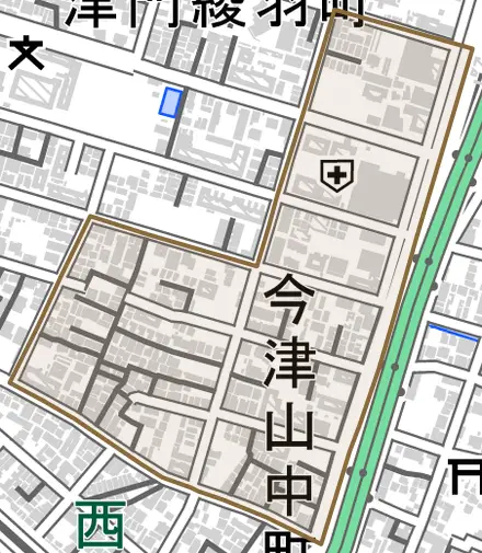 今津山中町とその周辺の地図。町の範囲を重ねている