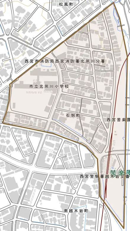石刎町とその周辺の地図。町の範囲を重ねている