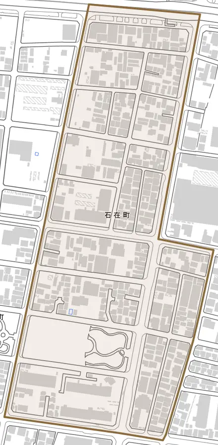 石在町とその周辺の地図。町の範囲を重ねている