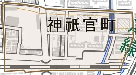 神祇官町とその周辺の地図。町の範囲を重ねている