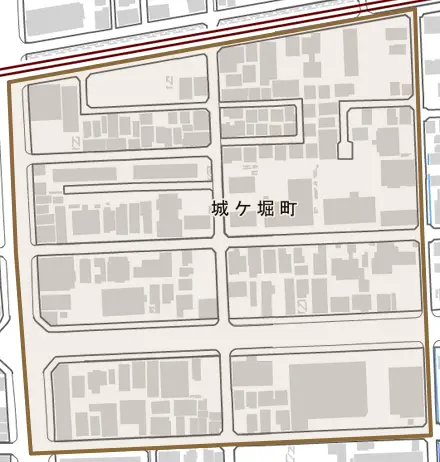 城ケ堀町とその周辺の地図。町の範囲を重ねている