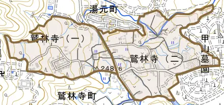 鷲林寺とその周辺の地図。町の範囲を重ねている
