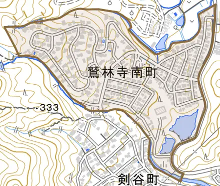 鷲林寺南町とその周辺の地図。町の範囲を重ねている