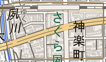 神楽町とその周辺の地図。町の範囲を重ねている