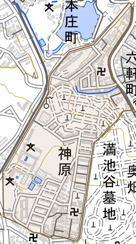 神原とその周辺の地図。町の範囲を重ねている