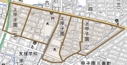 上甲子園とその周辺の地図。町の範囲を重ねている