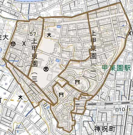 上甲東園とその周辺の地図。町の範囲を重ねている