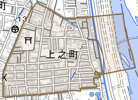 上之町とその周辺の地図。町の範囲を重ねている
