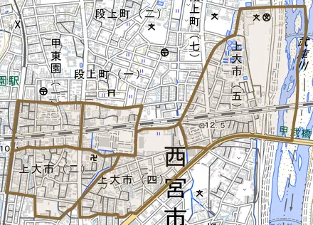 上大市とその周辺の地図。町の範囲を重ねている