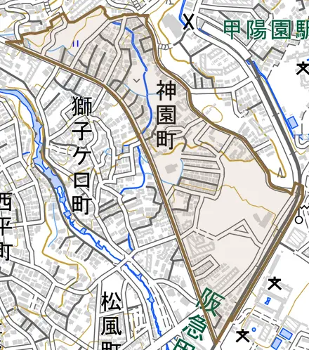 神園町とその周辺の地図。町の範囲を重ねている