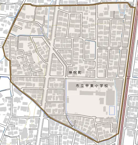 神呪町とその周辺の地図。町の範囲を重ねている