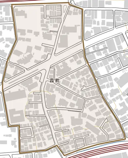 霞町とその周辺の地図。町の範囲を重ねている