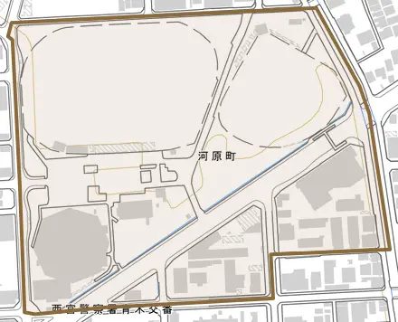 河原町とその周辺の地図。町の範囲を重ねている