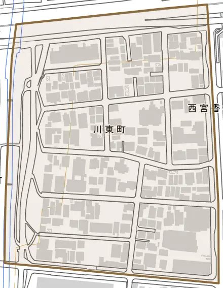 川東町とその周辺の地図。町の範囲を重ねている