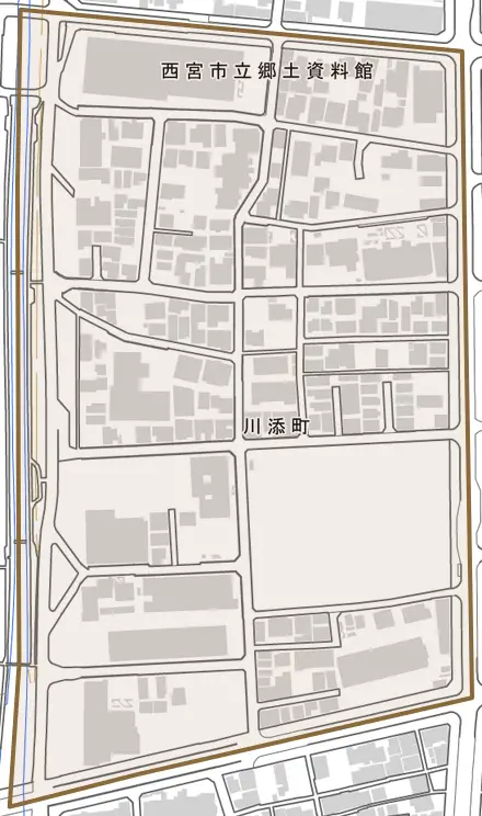 川添町とその周辺の地図。町の範囲を重ねている