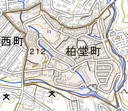 柏堂町とその周辺の地図。町の範囲を重ねている