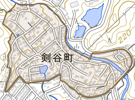 剣谷町とその周辺の地図。町の範囲を重ねている