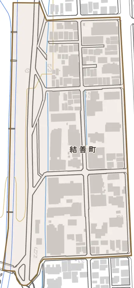 結善町とその周辺の地図。町の範囲を重ねている