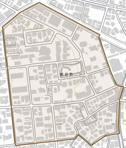 菊谷町とその周辺の地図。町の範囲を重ねている