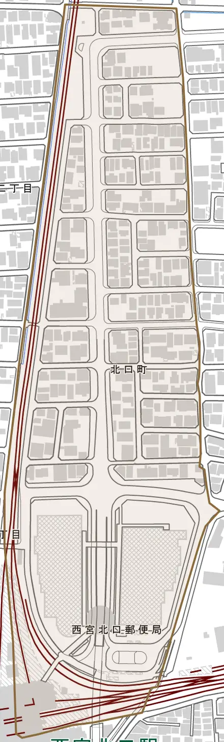 北口町とその周辺の地図。町の範囲を重ねている