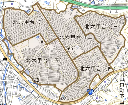 北六甲台とその周辺の地図。町の範囲を重ねている