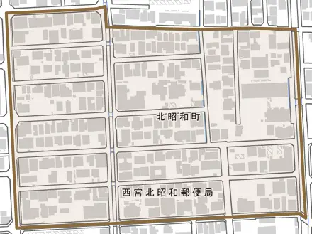 北昭和町とその周辺の地図。町の範囲を重ねている