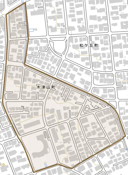 木津山町とその周辺の地図。町の範囲を重ねている