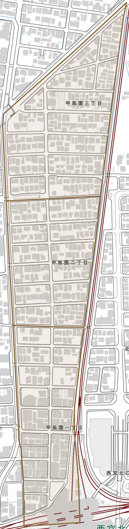 甲風園とその周辺の地図。町の範囲を重ねている