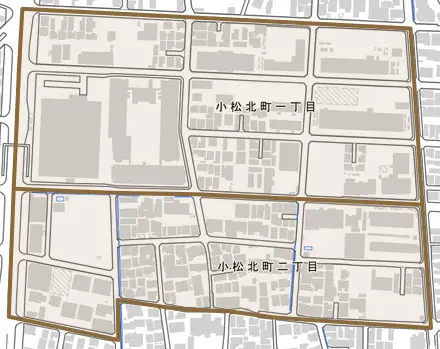 小松北町とその周辺の地図。町の範囲を重ねている