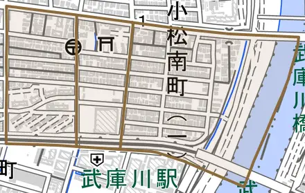 小松南町とその周辺の地図。町の範囲を重ねている