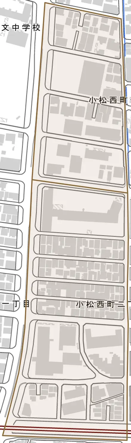 小松西町とその周辺の地図。町の範囲を重ねている