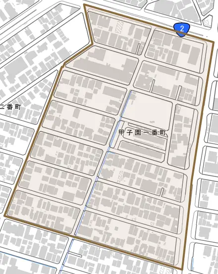 甲子園一番町とその周辺の地図。町の範囲を重ねている
