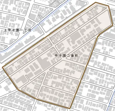 甲子園二番町とその周辺の地図。町の範囲を重ねている