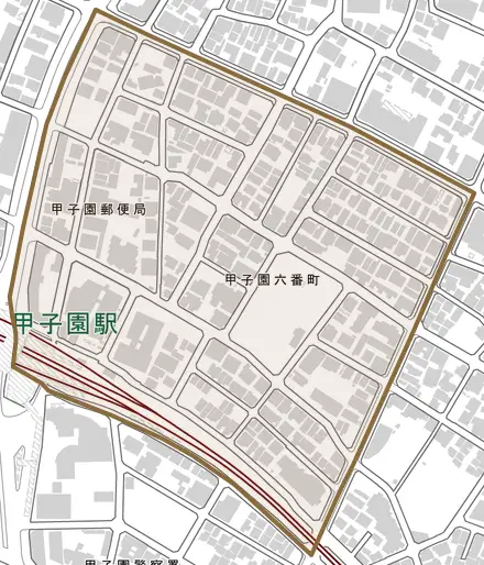 甲子園六番町とその周辺の地図。町の範囲を重ねている