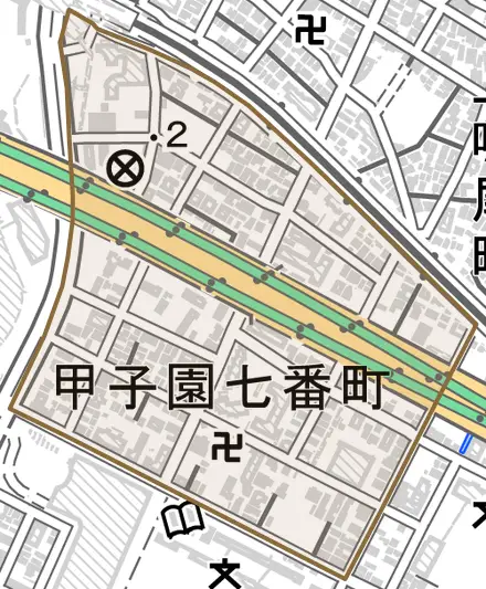 甲子園七番町とその周辺の地図。町の範囲を重ねている