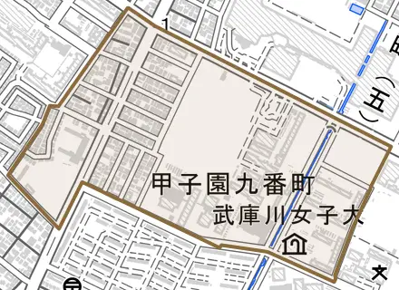 甲子園九番町とその周辺の地図。町の範囲を重ねている