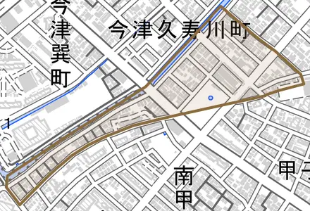 甲子園網引町とその周辺の地図。町の範囲を重ねている