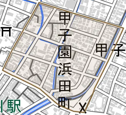 甲子園浜田町とその周辺の地図。町の範囲を重ねている